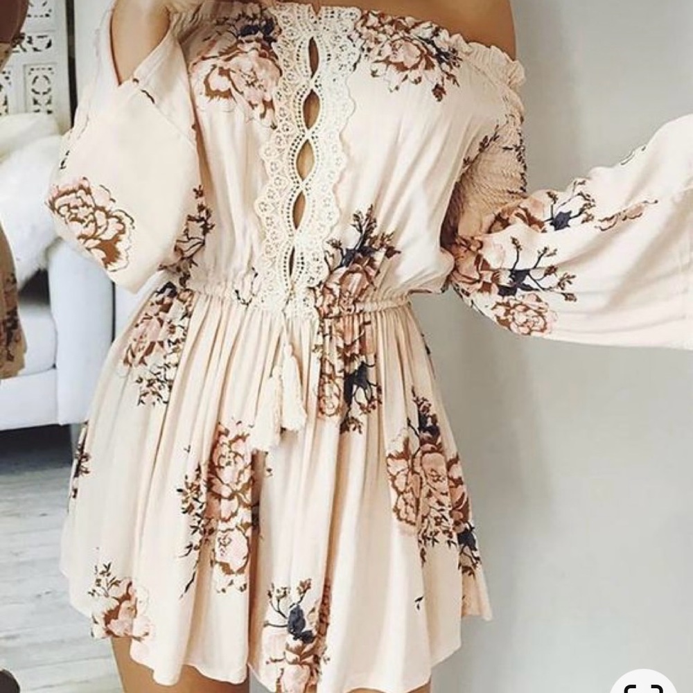 Feathers Floral Boho Off the Shoulder Mini Dress Crochet Tassel Juniors Large